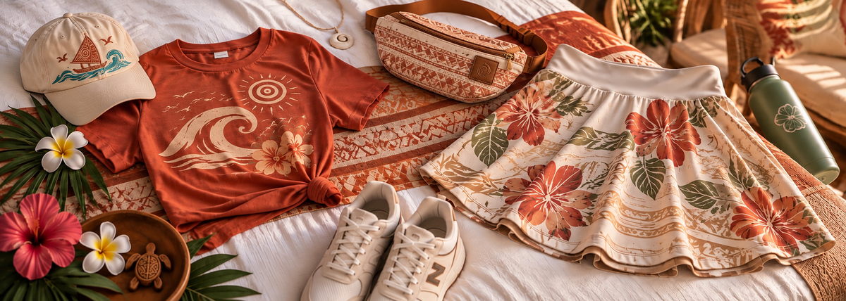 A styled flat-lay of a coordinated beachwear outfit on white bedding, including an orange graphic T-shirt, a cream floral skirt, matching patterned shorts, a beige cap, white sneakers, a patterned crossbody bag, tropical flowers, and a green bottle.