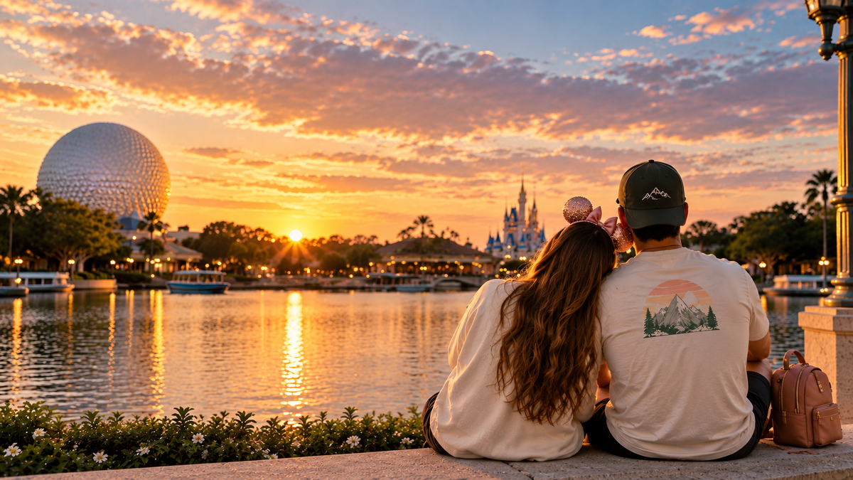A couple sits on a stone wall by a lake at sunset, facing Disney World's Epcot and Cinderella Castle. The woman wears a pink bow headband, and the man wears a dark green cap and a white t-shirt with a mountain graphic on the back.