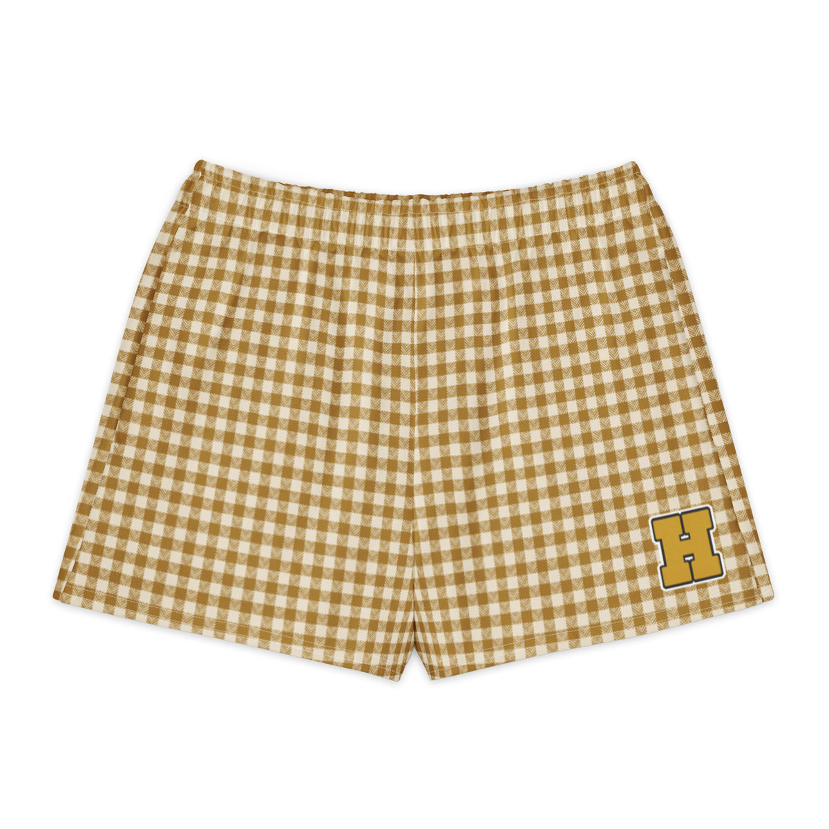 Golden House Gingham Cotton Boyfriend Shorts — front view with gingham print and printed varsity-style letter