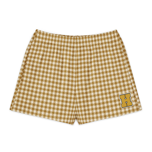Golden House Gingham Cotton Boyfriend Shorts — front view with gingham print and printed varsity-style letter