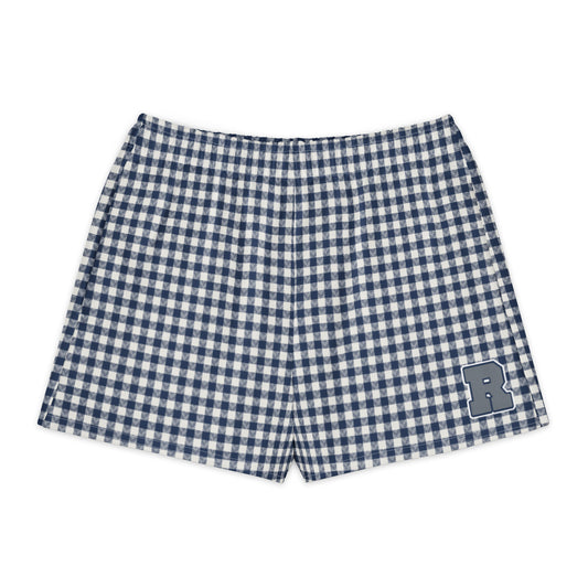 Azure House Gingham Cotton Boyfriend Shorts — front view with gingham print and printed varsity-style letter