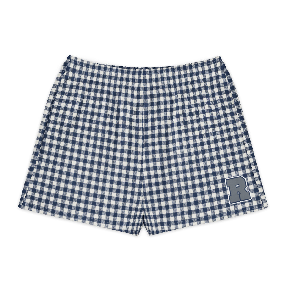 Azure House Gingham Cotton Boyfriend Shorts — front view with gingham print and printed varsity-style letter