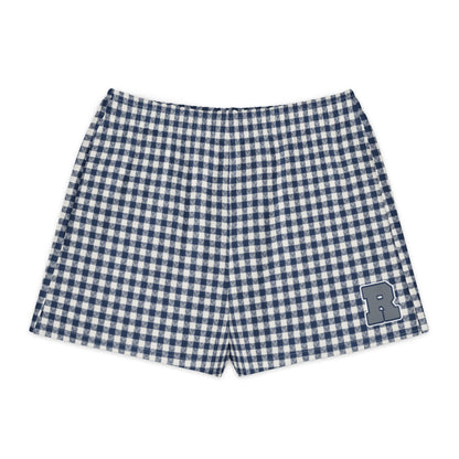 Azure House Gingham Cotton Boyfriend Shorts — front view with gingham print and printed varsity-style letter