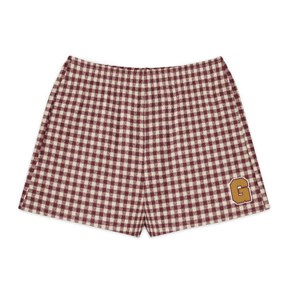 Crimson House Gingham Cotton Boyfriend Shorts — front view with gingham print and printed varsity-style letter