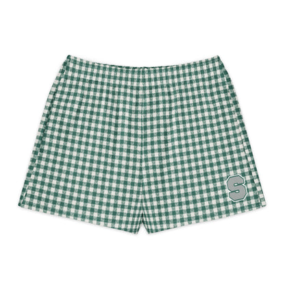Emerald House Gingham Cotton Boyfriend Shorts — front view with gingham print and printed varsity-style letter