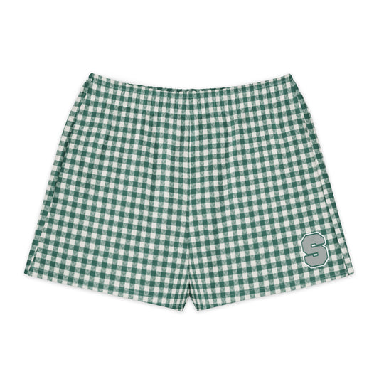 Emerald House Gingham Cotton Boyfriend Shorts — front view with gingham print and printed varsity-style letter