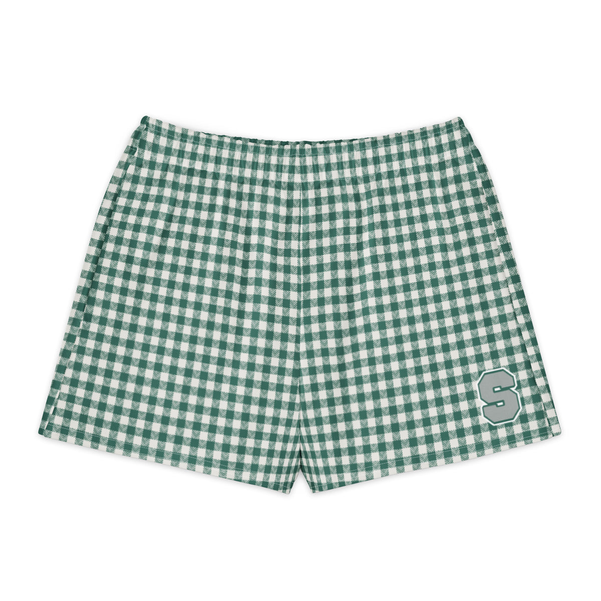 Emerald House Gingham Cotton Boyfriend Shorts — front view with gingham print and printed varsity-style letter