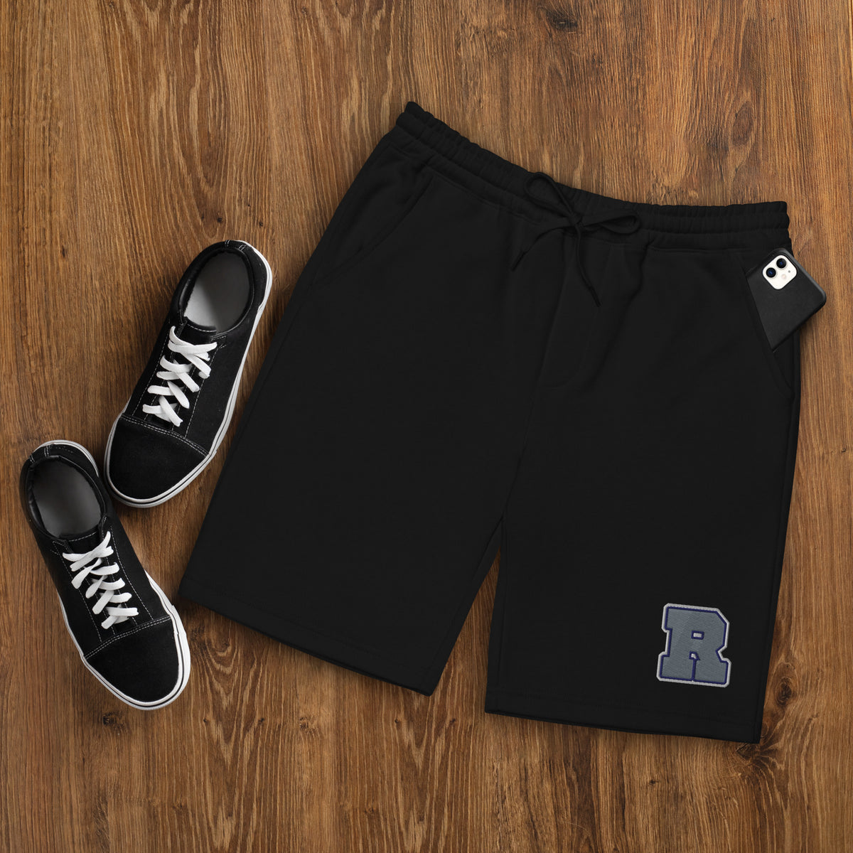 Azure House Collegiate Fleece Shorts — black front mockup