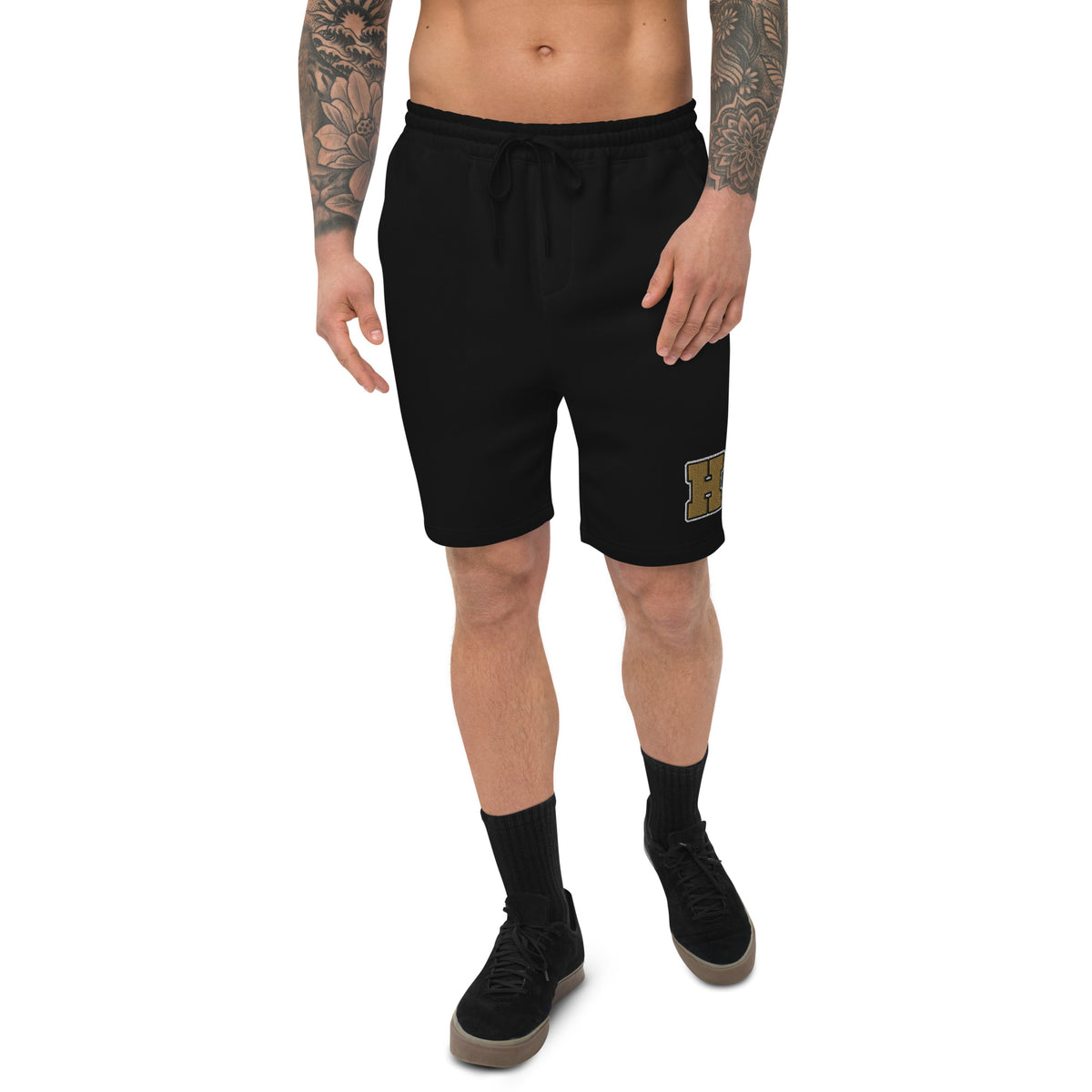 Golden House Collegiate Fleece Shorts — black front mockup