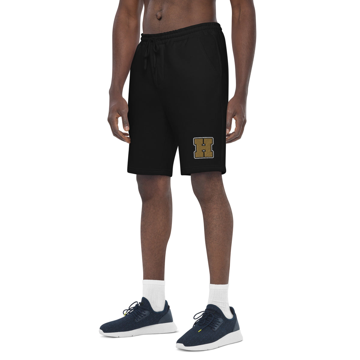 Golden House Collegiate Fleece Shorts — black left front mockup