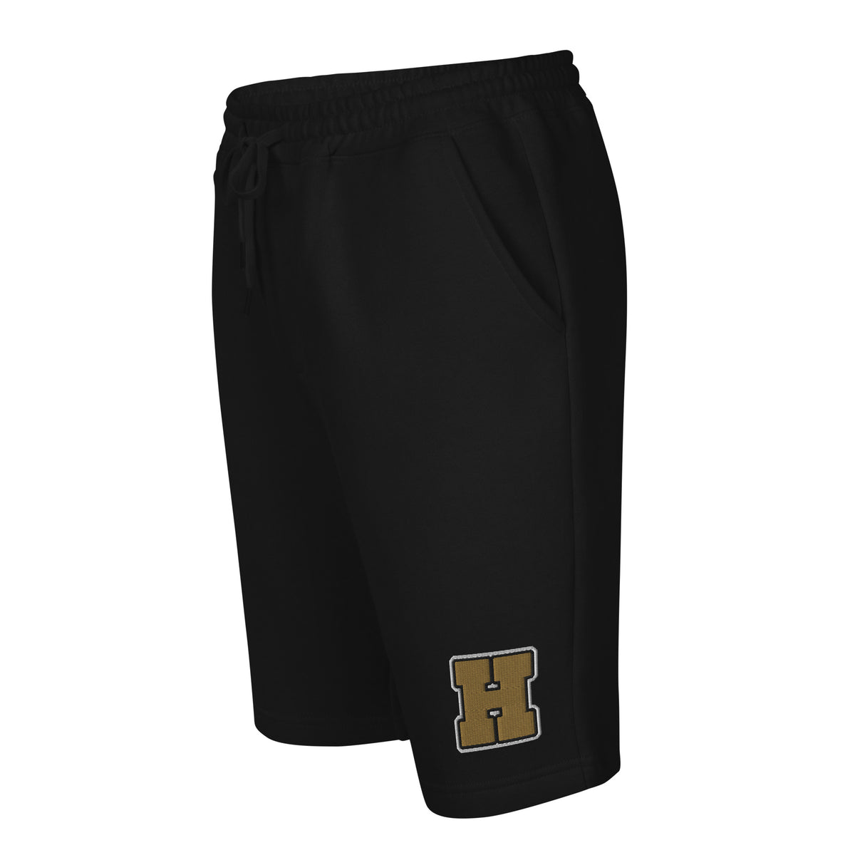 Golden House Collegiate Fleece Shorts — black left front mockup