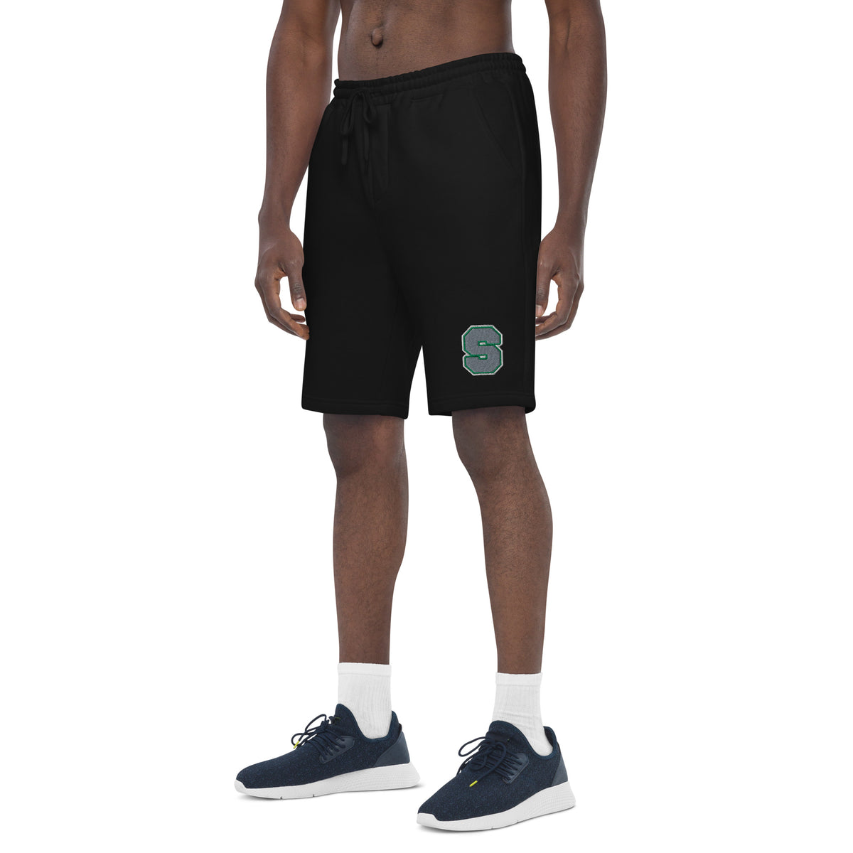 Emerald House Collegiate Fleece Shorts — black left front mockup