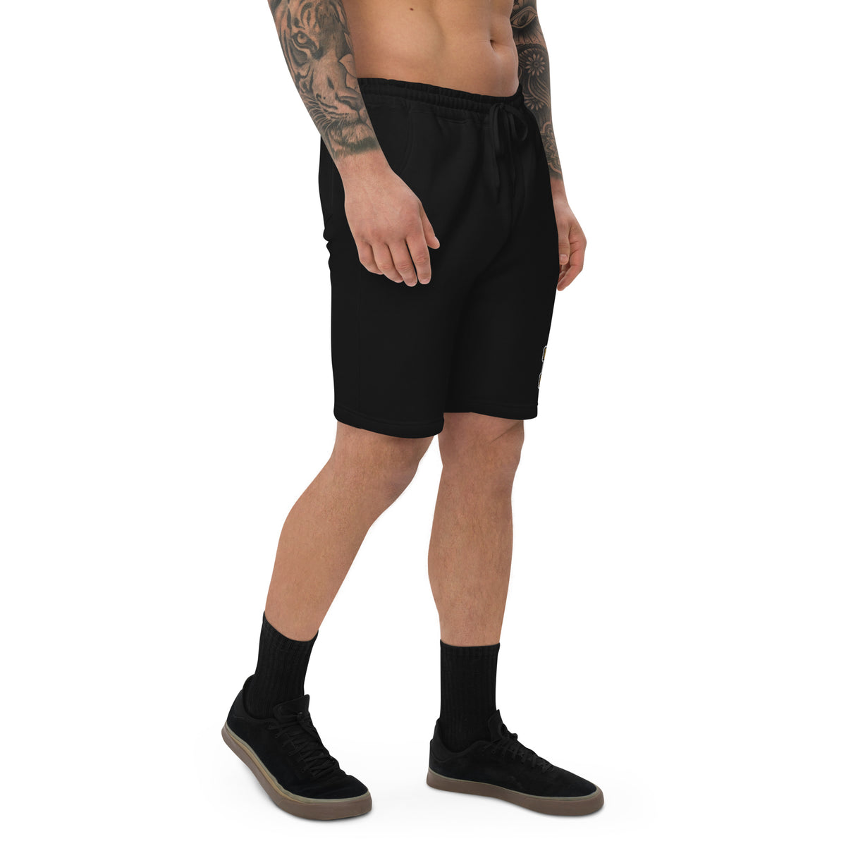 Golden House Collegiate Fleece Shorts — black right front mockup