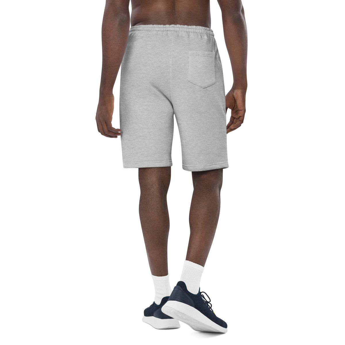 Emerald House Collegiate Fleece Shorts — heather grey back mockup