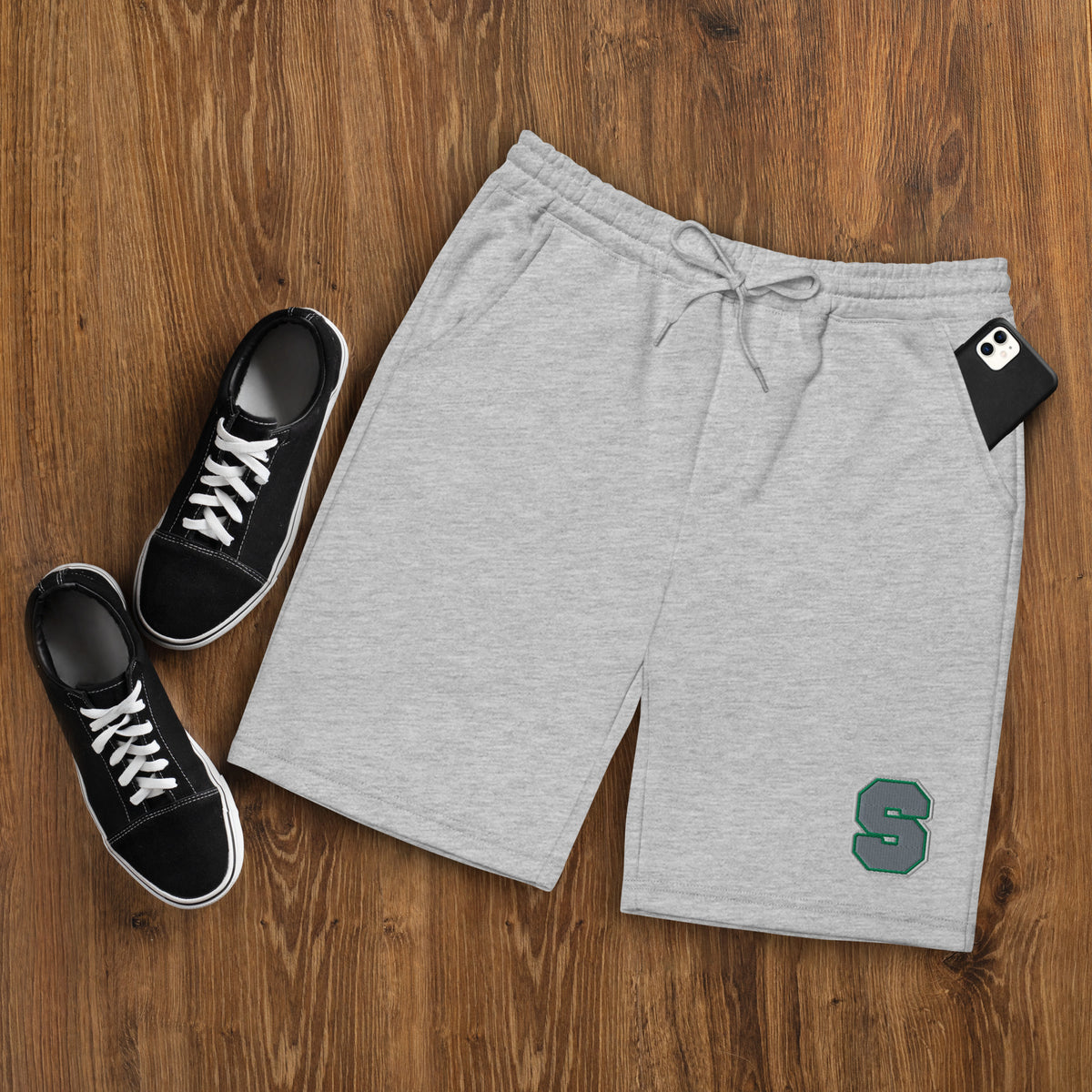 Emerald House Collegiate Fleece Shorts — heather grey front mockup