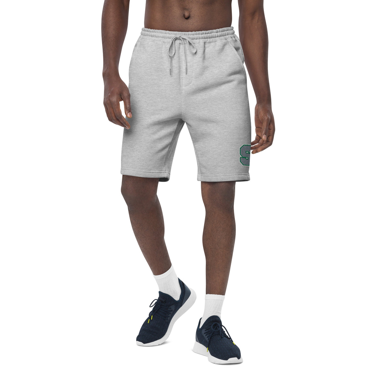 Emerald House Collegiate Fleece Shorts — heather grey front mockup