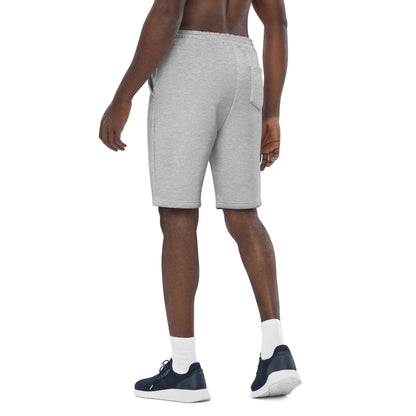 Emerald House Collegiate Fleece Shorts — heather grey left back mockup
