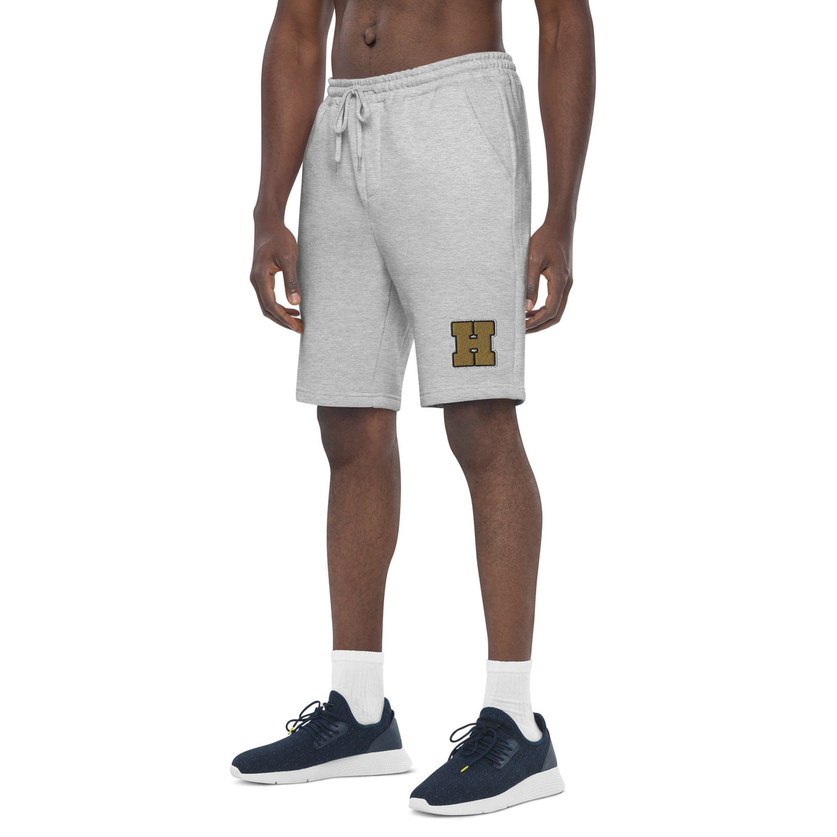 Golden House Collegiate Fleece Shorts — heather grey left front mockup