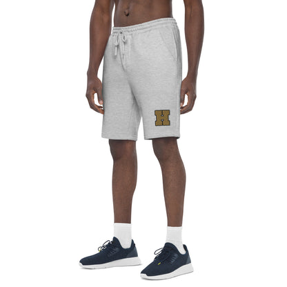 Golden House Collegiate Fleece Shorts — heather grey left front mockup