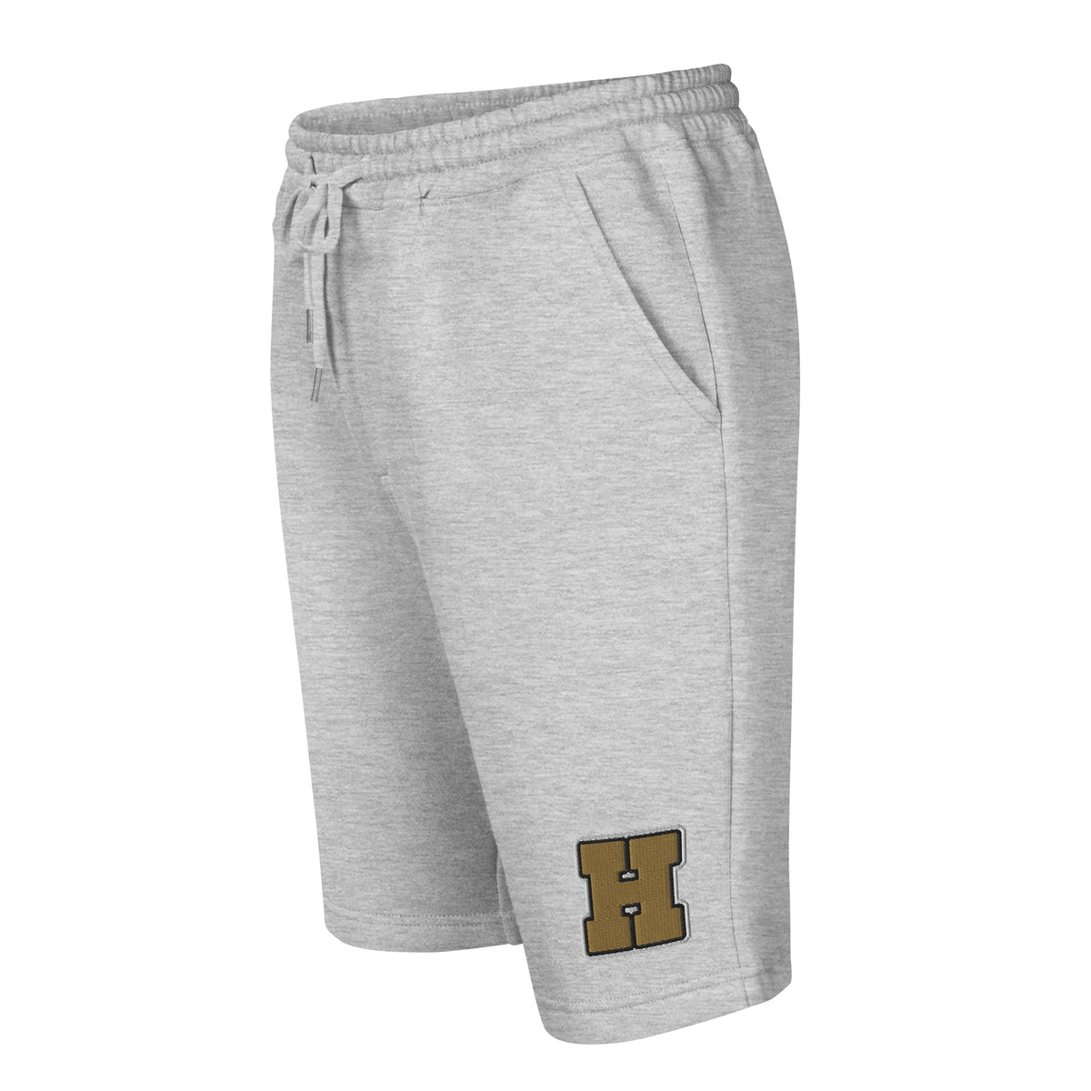 Golden House Collegiate Fleece Shorts — heather grey left front mockup