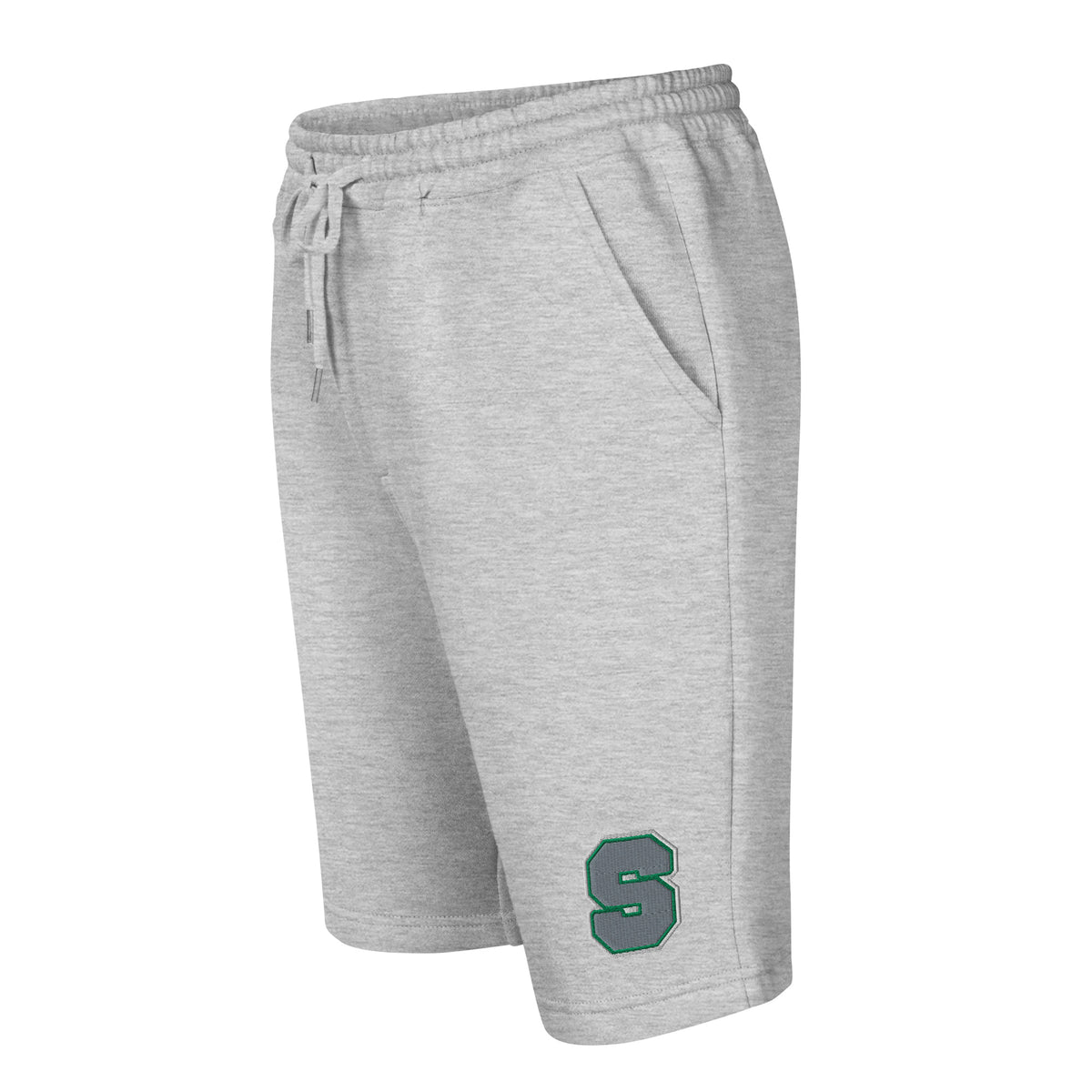 Emerald House Collegiate Fleece Shorts — heather grey left front mockup