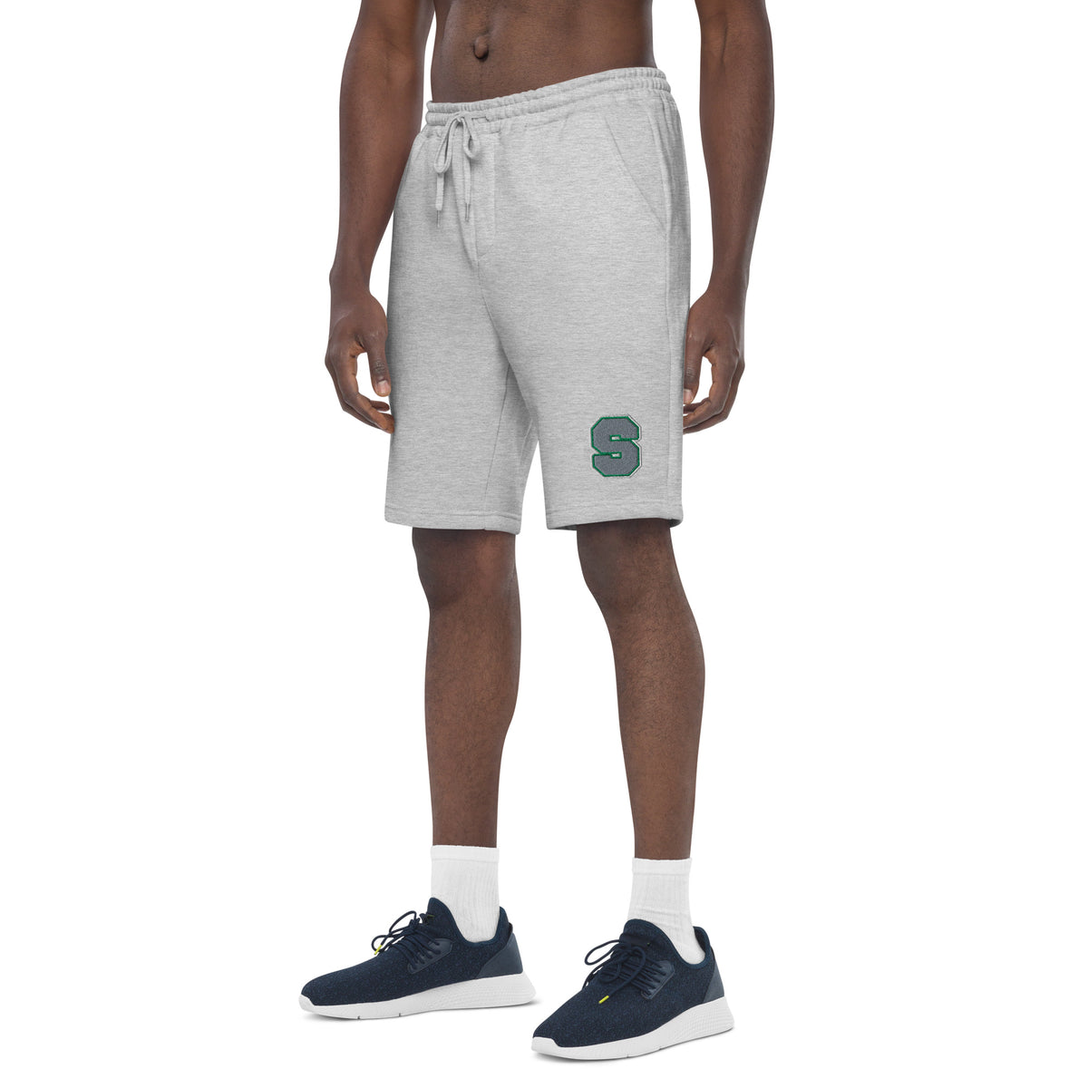 Emerald House Collegiate Fleece Shorts — heather grey left front mockup