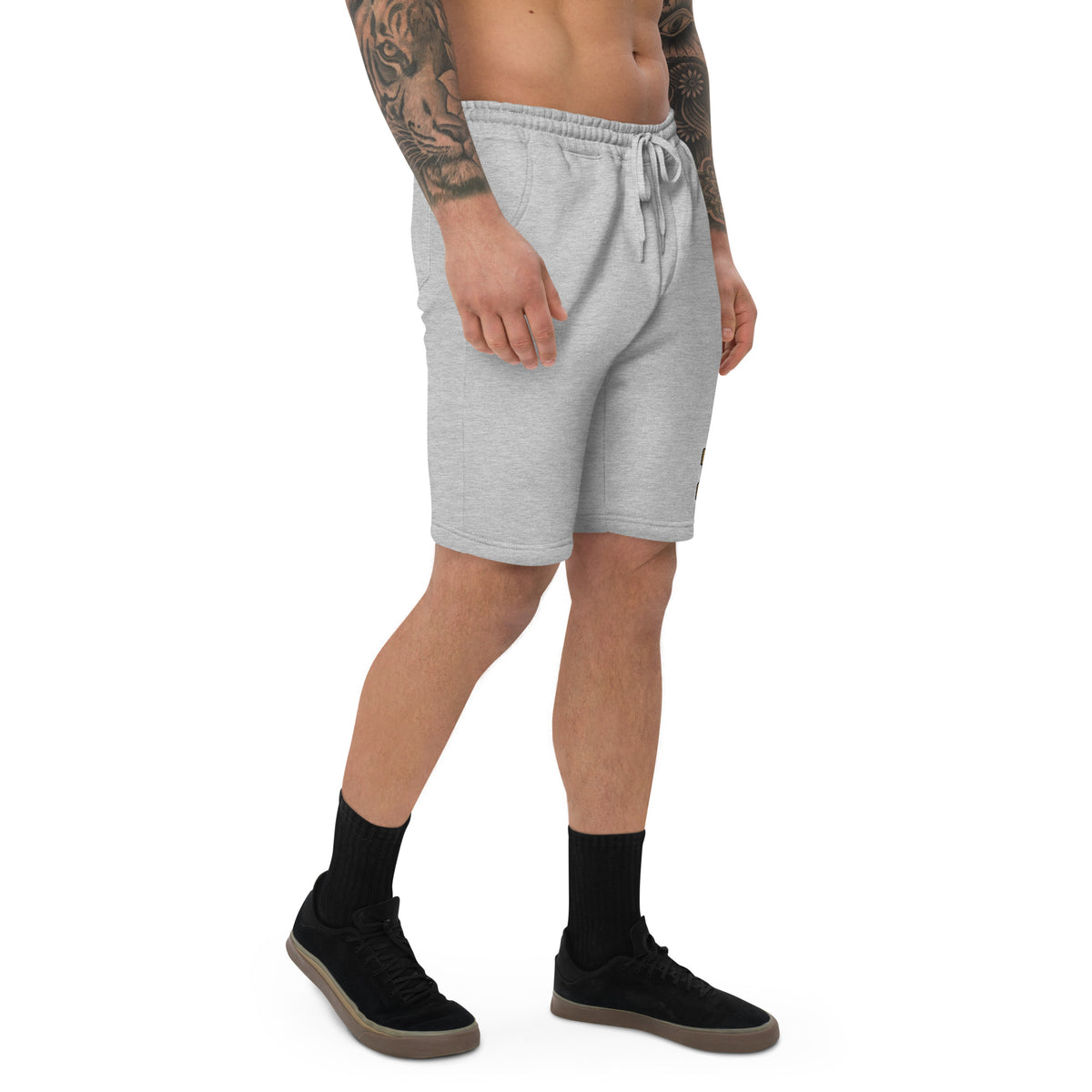 Golden House Collegiate Fleece Shorts — heather grey right front mockup