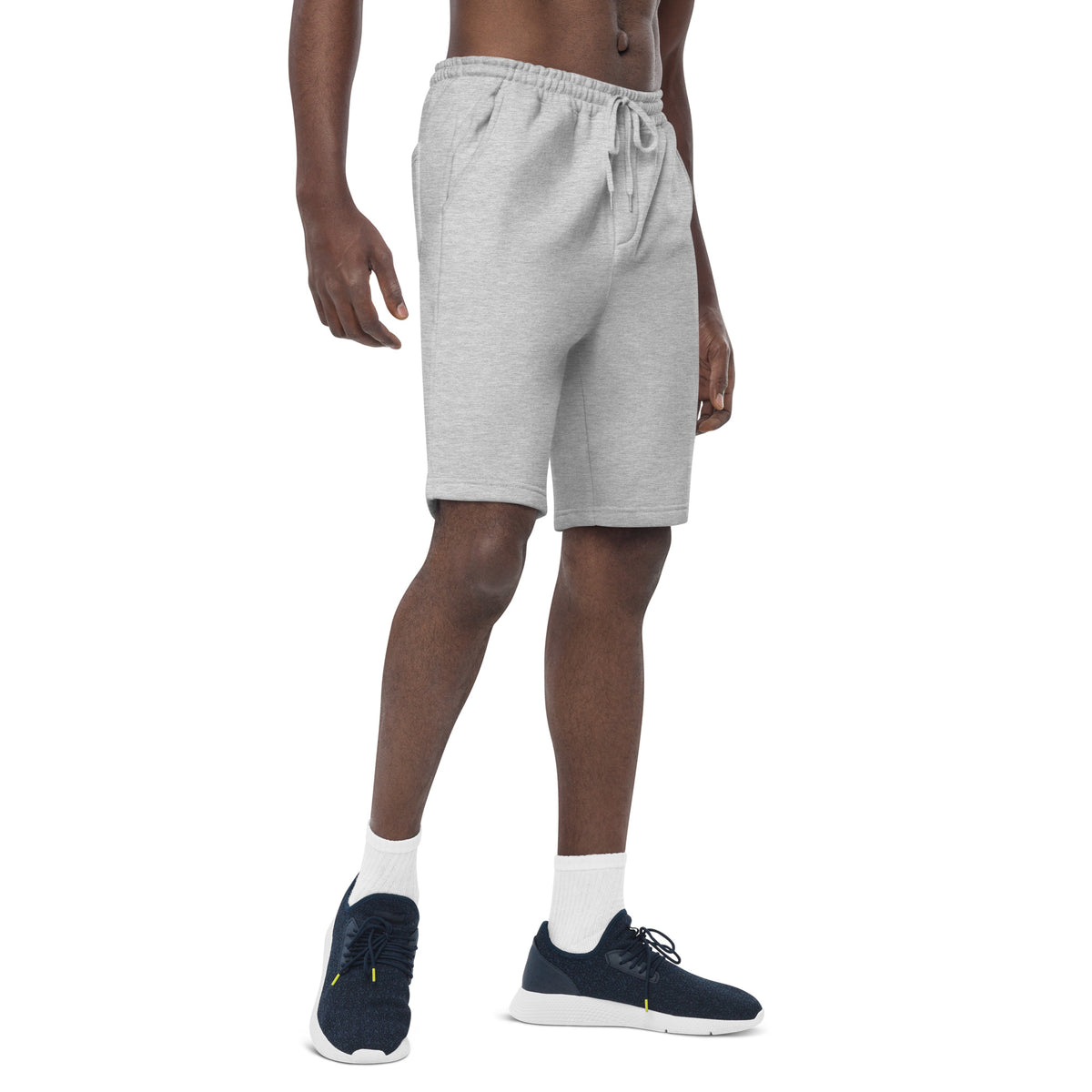 Emerald House Collegiate Fleece Shorts — heather grey right front mockup